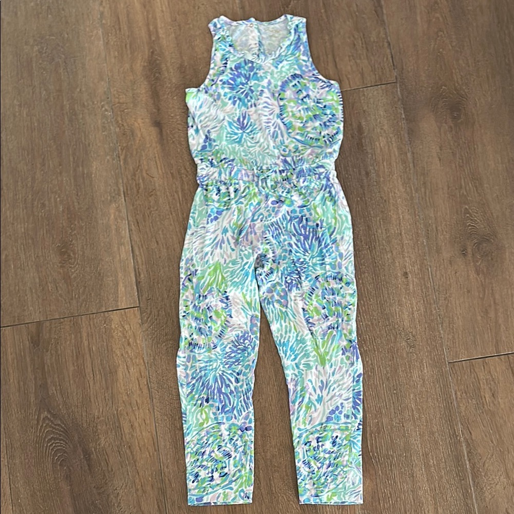 Lilly Pulitzer Floral girls Romper - Blue and Green. Size L 8-10.